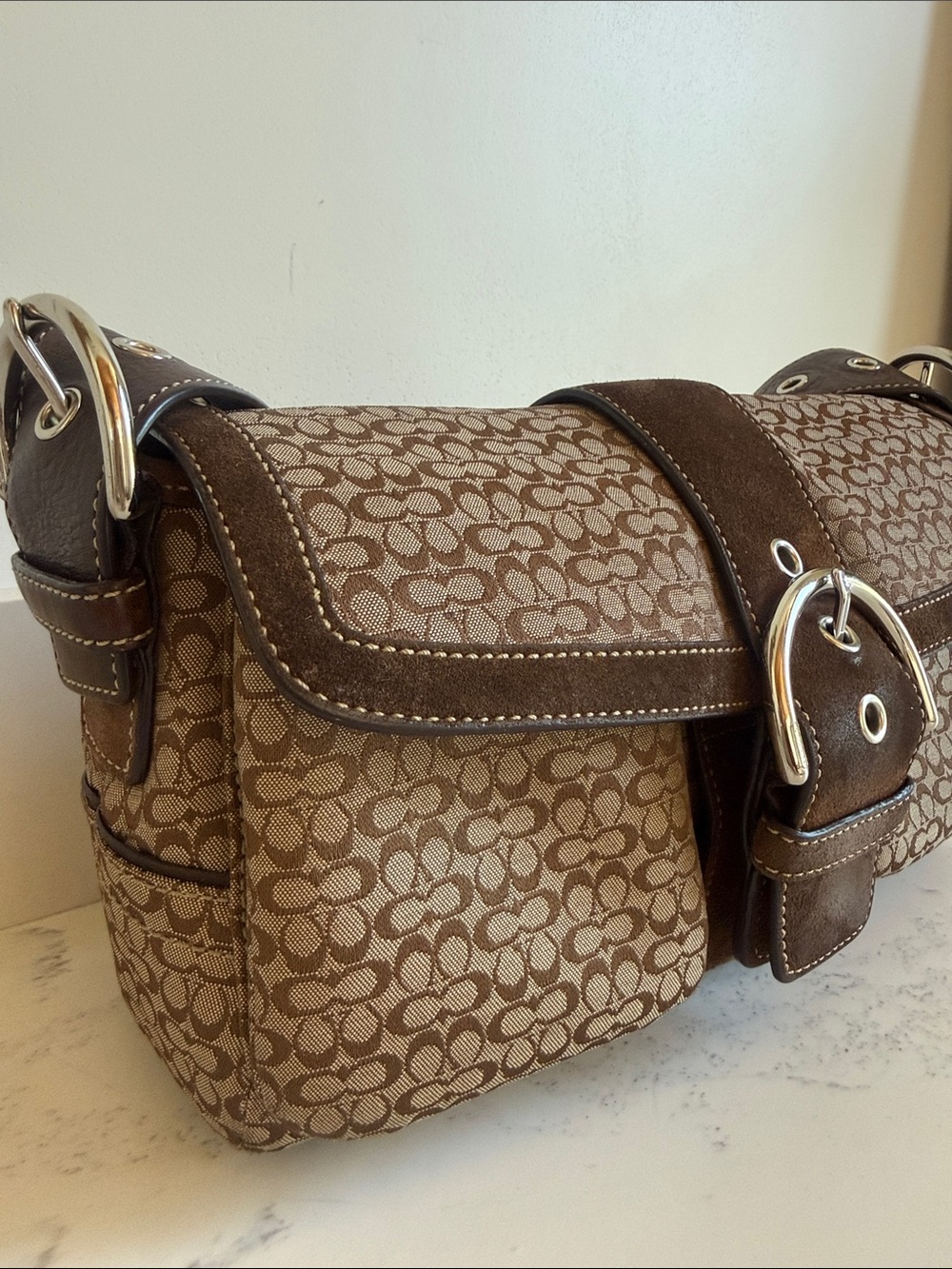 Vintage Coach Monogram Canvas With Brown Suede Soho Flap Signature Shoulder Bag - Picture 3 of 15